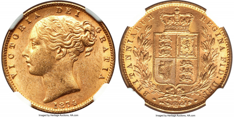 Victoria gold "Shield" Sovereign 1874-M MS62 NGC, Melbourne mint, KM6. An earlie...