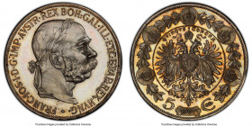 Franz Joseph I Proof 5 Corona 1907 PR62 PCGS, KM2807. An elusive Proof finish for the type, displaying a flaming amber tone all over the mirrored peri...