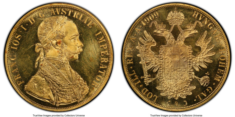 Franz Joseph I gold 4 Ducat 1909 MS62 PCGS, KM2276. A flashy example with glossy...