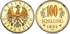 Republic gold Prooflike 100 Schilling 1931 PL65 NGC, Vienna mint, KM2842, Fr-520. A reflective gem exhibiting needle-sharp designs that contrast again...