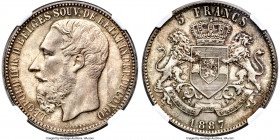 Congo Free State. Leopold II "R.D. Belges" 5 Francs 1887 MS65 NGC, Brussels mint, KM8.1, Dav-10. Mintage: 8,000. Simply irresistible. Full Gem Mint St...