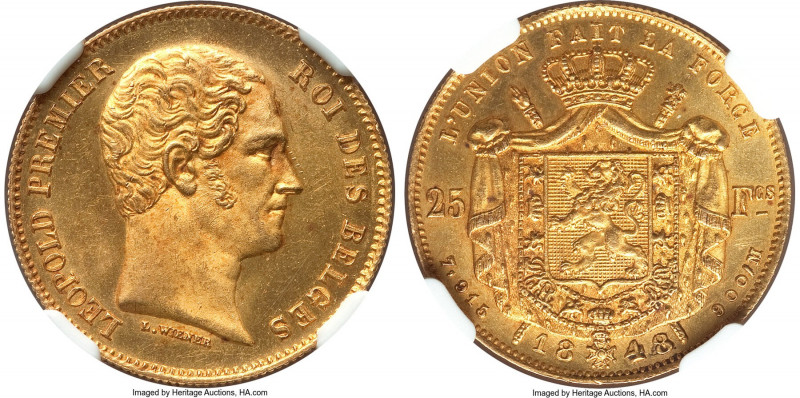 Leopold I gold 25 Francs 1848 MS65+ NGC, Brussels mint, KM13.1. A truly superlat...