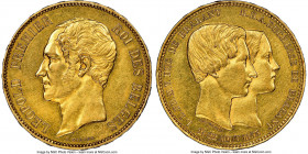 Leopold I gold "Royal Wedding" 100 Francs 1853 AU Details (Cleaned) NGC, Brussels mint, KM-XM3.1, Fr-409, Dupriez-529 (R3), Bogaert-535B2 (R3). Hyphen...