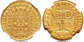 João V gold 4000 Reis 1719-B UNC Details (Cleaned) NGC, Bahia mint, KM106, LMB-65. A deeply-struck specimen, presenting razor-sharp devices and sun-go...
