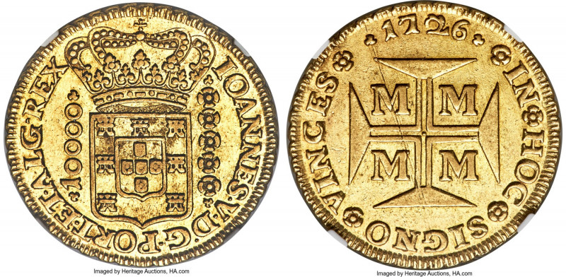 João V gold 10000 Reis 1726-M AU58 NGC, Minas Gerais mint, KM116, LMB-246. Borde...