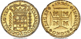 João V gold 10000 Reis 1726-M AU58 NGC, Minas Gerais mint, KM116, LMB-246. Borderline Mint State with only a uniform and gentle dispersal of friction ...