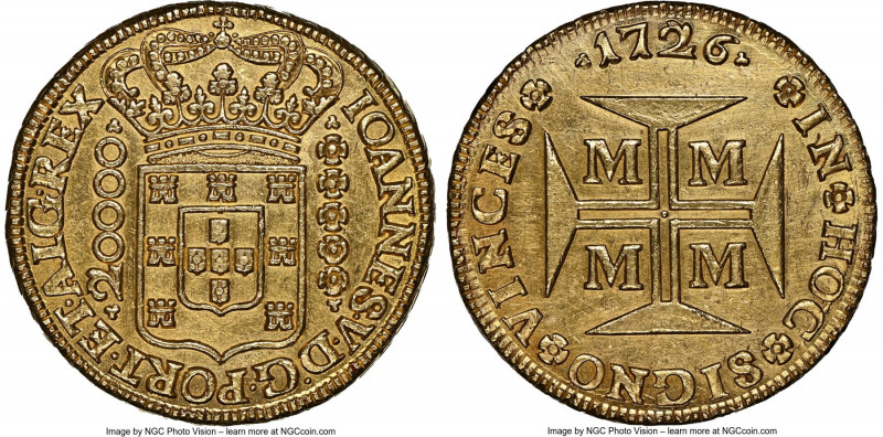 João V gold 20000 Reis 1726-M UNC Details (Reverse Cleaned) NGC, Minas Gerais mi...