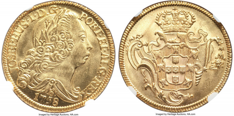 Jose I gold 6400 Reis 1758-B MS66 NGC, Bahia mint, KM172.1, LMB-388. The level o...