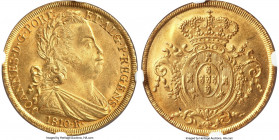 João Prince Regent gold 6400 Reis 1810-R MS64 NGC, Rio de Janeiro mint, KM236.1, LMB-560. An ultra-satiny specimen with top-notch eye appeal. Ex. Paul...