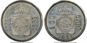 Pedro II silver Pattern 100 Reis 1865 MS61 NGC, Bentes-E41.01 var. (pictured with different obverse). Displaying lightly-toned argent surfaces. Ex. Dr...