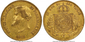 Pedro II gold 10000 Reis 1863 AU53 NGC, Rio de Janeiro mint, KM467, LMB-651. The second scarcest date of the issue, the example offered presents mildl...