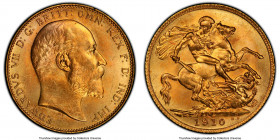 Edward VII gold Sovereign 1910-C MS64+ PCGS, Ottawa mint, KM14, S-3970. Near pristine, vibrant peach surfaces. Glossy and highly lustrous fields. A sc...
