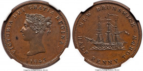 New Brunswick. Victoria Proof "Bust / Ship" 1/2 Penny Token 1843 PR64 Brown NGC, KM1, Br-910, NB-1A1. A sharp specimen with glossy surfaces and hints ...