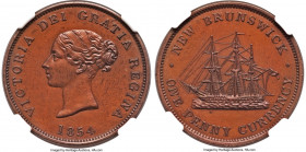 New Brunswick. Victoria bronzed Proof "Bust/Ship" Penny Token 1854 PR64 Brown NGC, Br-911, NB-2B2. Uniform light chocolate surfaces and sharp devices....