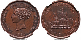 New Brunswick. Victoria bronzed Proof "Bust / Ship" Penny Token 1854 PR62 Brown NGC, KM4, NB-2B1. Nearly matte in appearance, displaying patches of mi...
