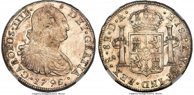 Charles IV 8 Reales 1796/5 So-DA AU55 NGC, Santiago mint, KM51, Cal-1025. A highly collectible and conditionally sensitive product of the Santiago min...