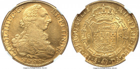 Charles IV gold 8 Escudos 1798 So-DA AU58 NGC, Santiago mint, KM54, Cal-1764. A bold strike, crowned by ample peripheral luster encircling the older b...