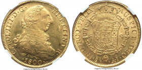 Charles IV gold 8 Escudos 1800 So-AJ MS62 NGC, Santiago mint, KM54, Fr-19, Cal-1768. Sought after in this Mint State quality with a light mottling of ...