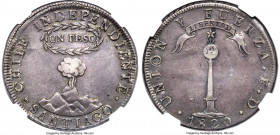 Republic "Volcano" Peso 1820 SANTIAGO-FD AU53 NGC, Santiago mint, KM82.2. A popular and elusive type, in the cusp of Mint State, displaying bold devic...