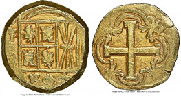 Ferdinand VI gold Cob 4 Escudos ND (1751-1752) AU50 NGC, Santa Fe (de Bogota) mint, KM27, Restrepo-M96.6. 13.45gm. 4 ribbons fleur-de-lis variety on t...