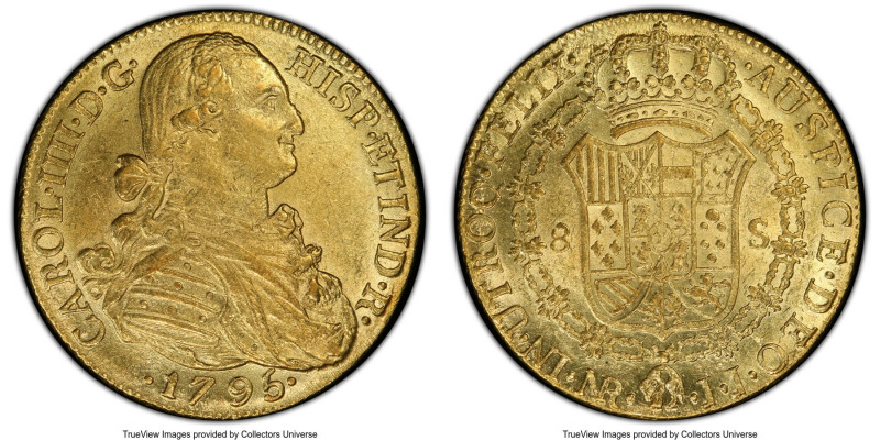 Charles IV gold 8 Escudos 1795 NR-JJ MS62 PCGS, Nuevo Reino mint, KM62.1, Cal-17...