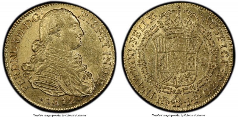 Ferdinand VII gold 8 Escudos 1812 NR-JF MS63 PCGS, Nuevo Reino mint, KM66.1, Cal...