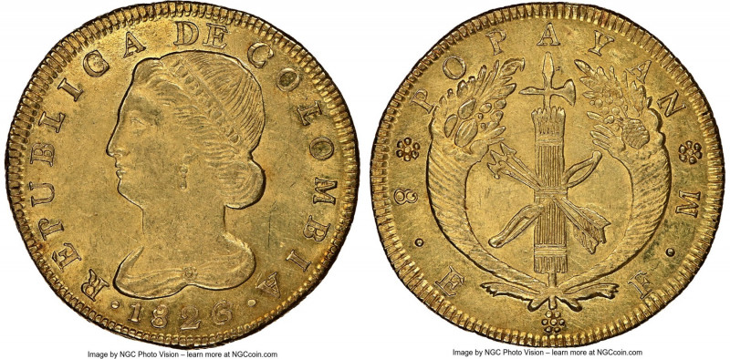 Republic gold 8 Escudos 1826 POPAYAN-JF MS63 NGC, Bogota mint, KM82.2. Razor-sha...