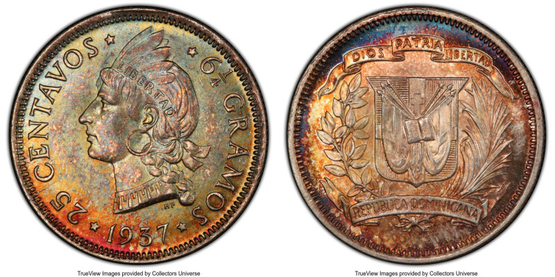 Republic 25 Centavos 1937 MS66+ PCGS, KM20. First year of type. Attractively ton...