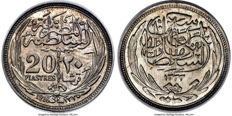 British Protectorate. Hussein Kamil 20 Piastres AH 1335 (1916) MS65 PCGS, KM321....