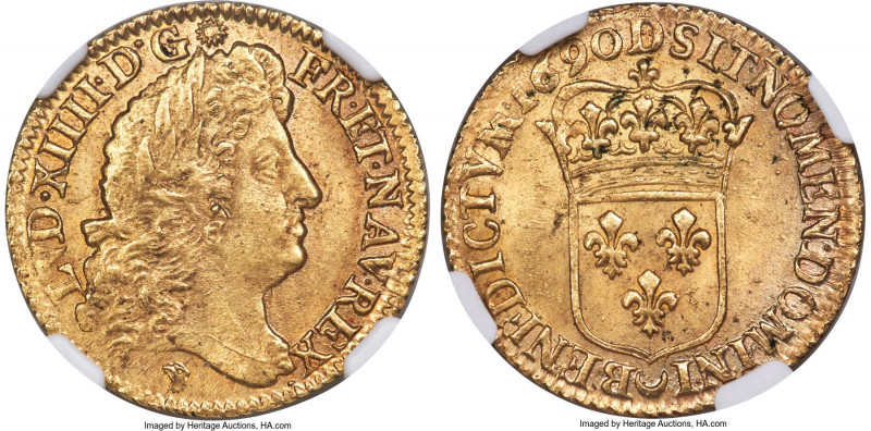 Louis XIV gold Louis d'Or 1690-D MS66 NGC, Lyon mint, KM278.3, Gad-250 (R), L4L-...