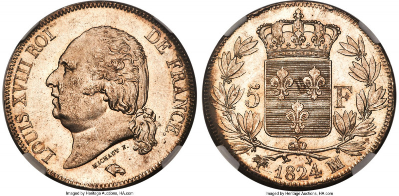 Louis XVIII 5 Francs 1824-MA MS65 NGC, Marseille mint, KM711.10, Dav-87, VG-614....