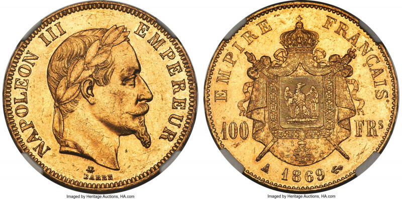 Napoleon III gold 100 Francs 1869-A MS60 NGC, Paris mint, KM802.1. Mintage: 29,0...