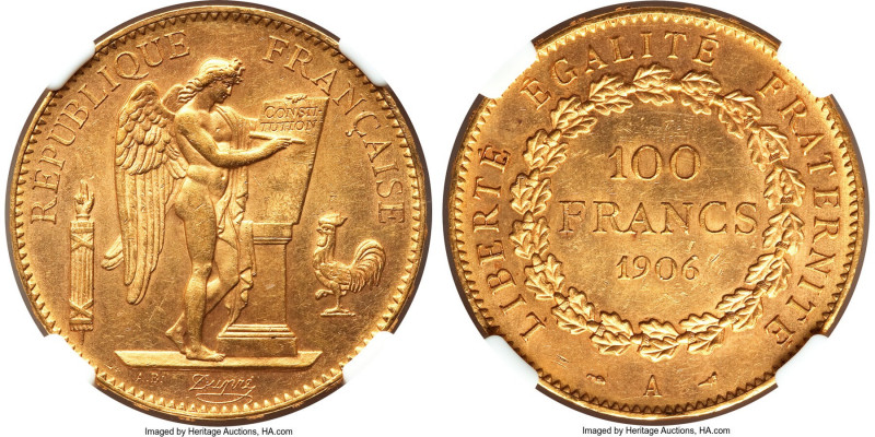 Republic gold 100 Francs 1906-A MS63 NGC, Paris mint, KM832, Gad-1137. Lustrous ...