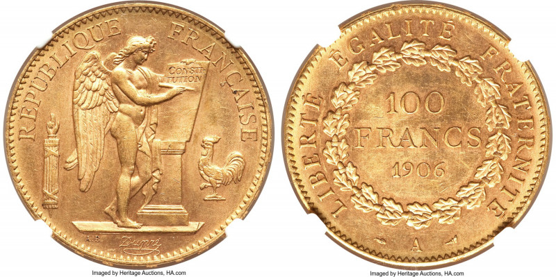 Republic gold 100 Francs 1906-A MS63 NGC, Paris mint, KM832, Gad-1137. Choice fo...