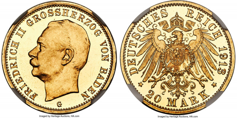 Baden. Friedrich II gold Proof 20 Mark 1913-G PR63+ Ultra Cameo NGC, Karlsruhe m...