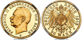 Baden. Friedrich II gold Proof 20 Mark 1913-G PR63+ Ultra Cameo NGC, Karlsruhe mint, KM284, J-192. Radiant and fully frosted across satiny devices, wi...