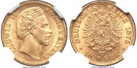 Bavaria. Ludwig II gold 10 Mark 1875-D MS65 NGC, Munich mint, KM898. Displaying a needlepoint accurate strike over velveteen golden surfaces that posi...