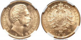 Bavaria. Ludwig II gold 20 Mark 1873-D MS64 NGC, Munich mint, KM894. Brilliant sun-yellow, with only trivial superficial instances of wispy contact pr...