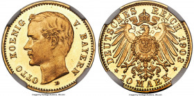 Bavaria. Otto gold Proof 10 Mark 1903-D PR66+ Cameo NGC, Munich mint, KM994, J-201. Sheathed in pure satin frost across precisely rendered devices, so...