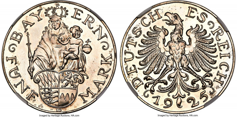 Bavaria silver Pattern 5 Mark 1925-D MS65 NGC, Schaaf-331/G3. By Karl Goetz. Str...