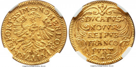 Frankfurt. Free City gold Ducat 1657/6 MS64 NGC, KM104.2, Fr-976. Golden resplendence abounds this well-preserved gold Ducat, a series usually seen in...