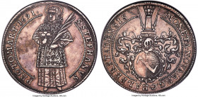 Halberstadt. Bishopric Taler 1691-ICS AU55 NGC, Magdeburg mint, KM85, Dav-5356. An utterly charming piece displaying a bold, full-length bust of St. S...