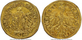 Nürnberg. Free City gold Ducat 1637 MS63+ NGC, KM-Unl., Fr-1829, Kellner-61. A glowing representative of this chronogram-dated type, which is unlisted...