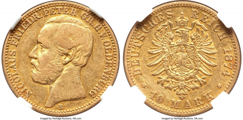Oldenburg. Nicolaus Friedrich Peter gold 10 Mark 1874-B XF Details (Reverse Spot...