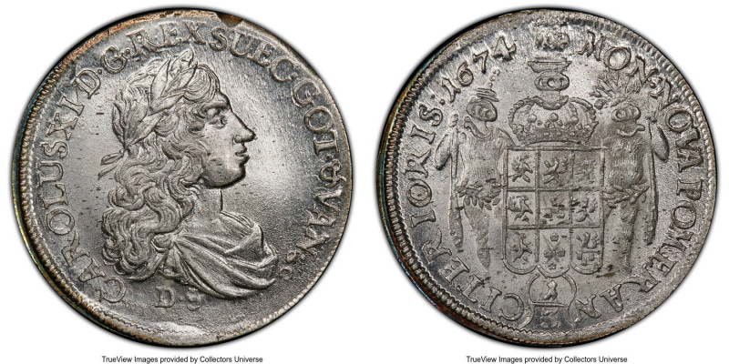 Pomerania. Swedish Occupation - Karl XI 1/3 Taler (1/2 Gulden) 1674-DS MS66+ PCG...