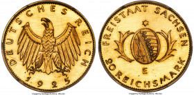 Saxony gold Specimen Pattern 20 Mark 1925-E UNC Details (Scratch) PCGS, Muldenhutten mint, Schaaf-320b/G1. A very scarce Pattern issue in gold, featur...