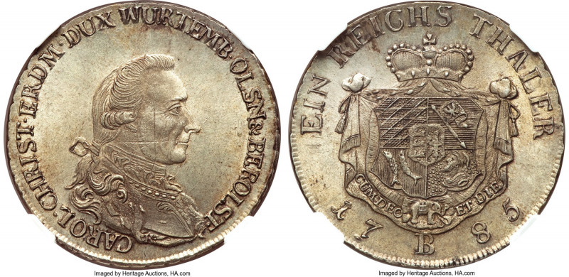 Württemberg-Oels. Karl Christian Erdmann Taler 1785-B MS64 NGC, Breslau mint, KM...