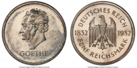 Weimar Republic Proof "Goethe" 5 Mark 1932-A PR63 PCGS, Berlin mint, KM77, J-351. Struck for the 100th anniversary of Johann Goethe's death. Choice, w...