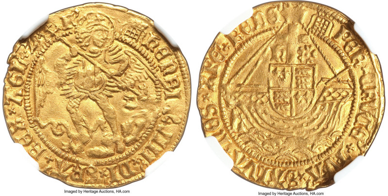 Henry VIII (1509-1547) gold Angel ND (1509-1526) AU58 NGC, Tower mint, Portculli...