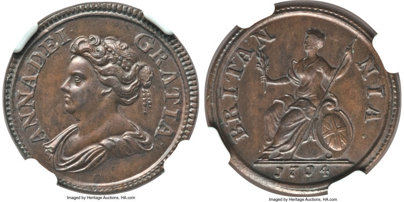 Anne copper Pattern Farthing 1714 MS63 Brown NGC, KM537, Peck-741. A sharply pro...